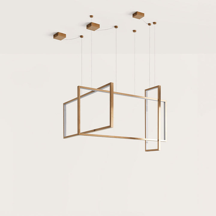 Frame Pendant Lamp, interlocking bronze rectangular LED frames on suspension cables, by Aromas del Campo