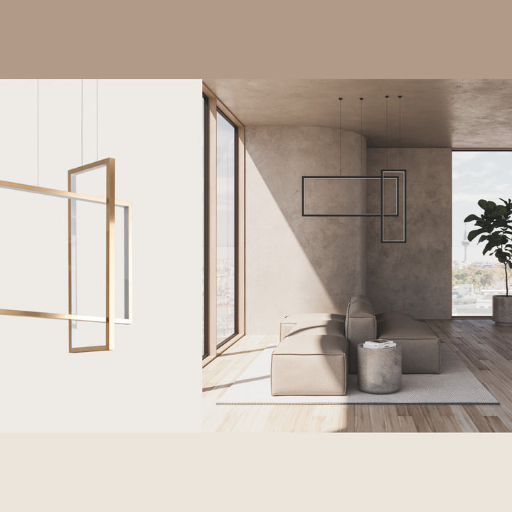 Frame Pendant Lamp in bronze up close, with a black version over a modular sofa in a concrete loft