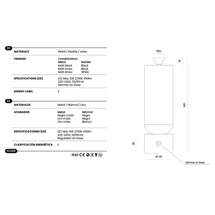 Gamb Table Lamp dimensions and technical details