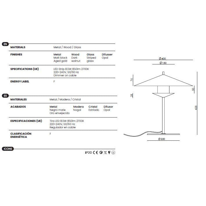 Gehit Table Lamp dimensions and technical details