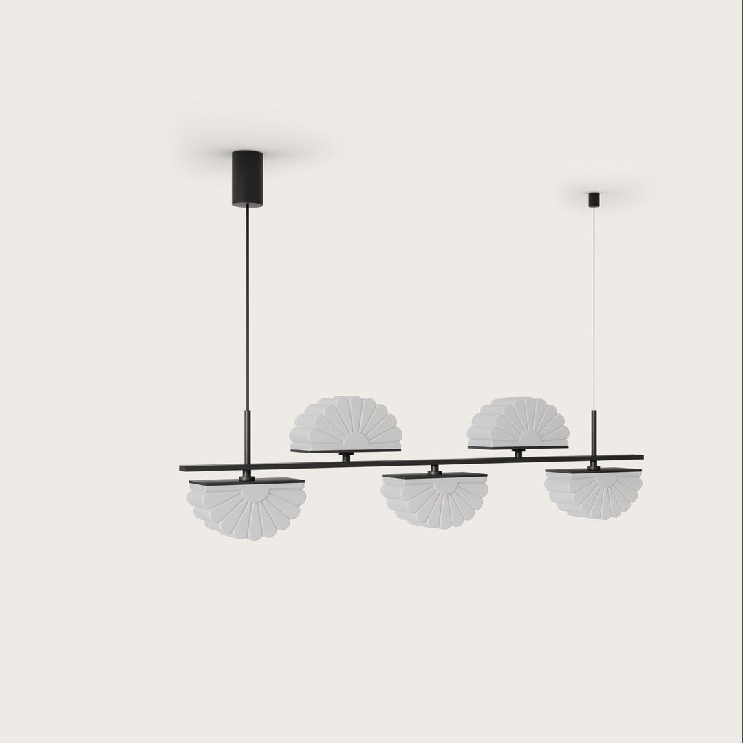 Gina Linear Pendant Linear Pendant, black horizontal bar with five scalloped opal glass shades, unlit, by Aromas del Campo