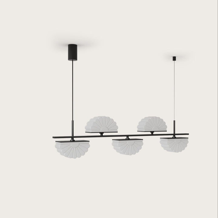 Gina Linear Pendant Linear Pendant, black horizontal bar with five scalloped opal glass shades, unlit, by Aromas del Campo