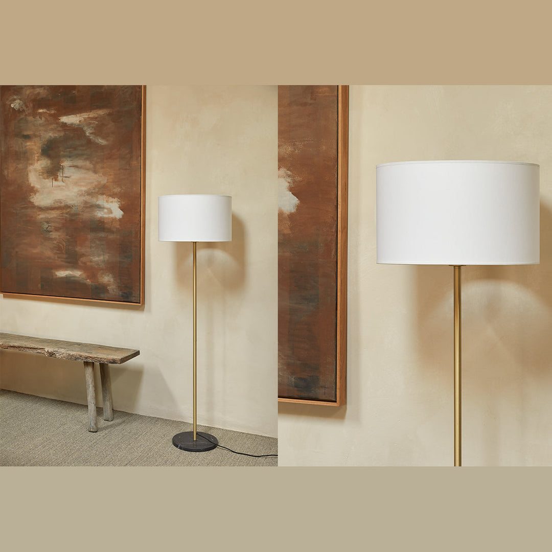 Hedra Floor Lamp beside a rustic wooden bench and abstract painting, with a close-up of its white shade