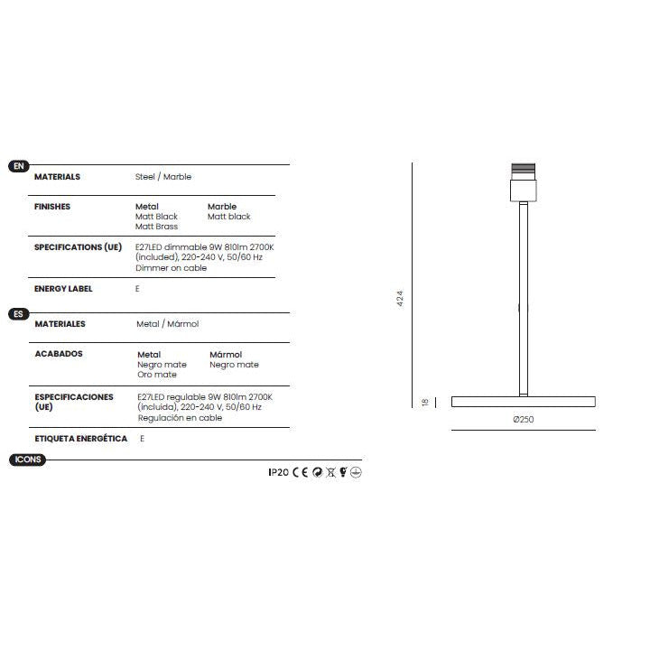 Hedra Table Lamp dimensions and technical details