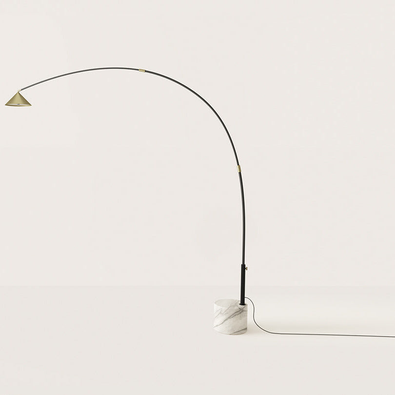 Hinoo Floor Lamp, a tall black arc with brass cone shade on a white marble base by Aromas del Campo