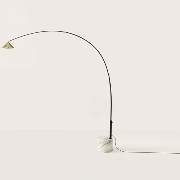 Hinoo Floor Lamp, a tall black arc with brass cone shade on a white marble base by Aromas del Campo