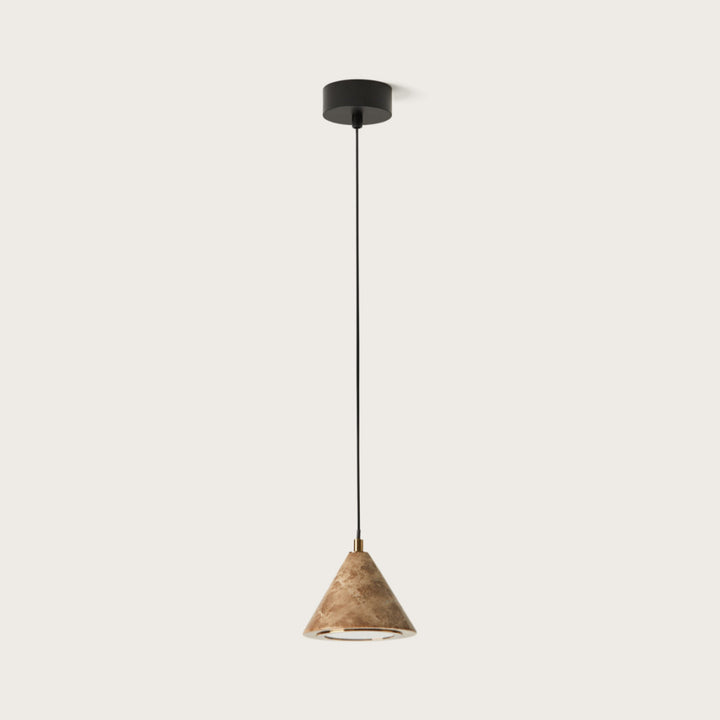 Iconic Pendant Lamp, brown marble cone shade with gold-tone collar and black canopy, unlit, by Aromas del Campo
