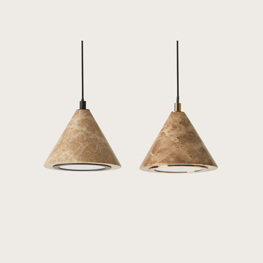Iconic Pendant Lamp pair side by side, black and gold collars on brown marble cones