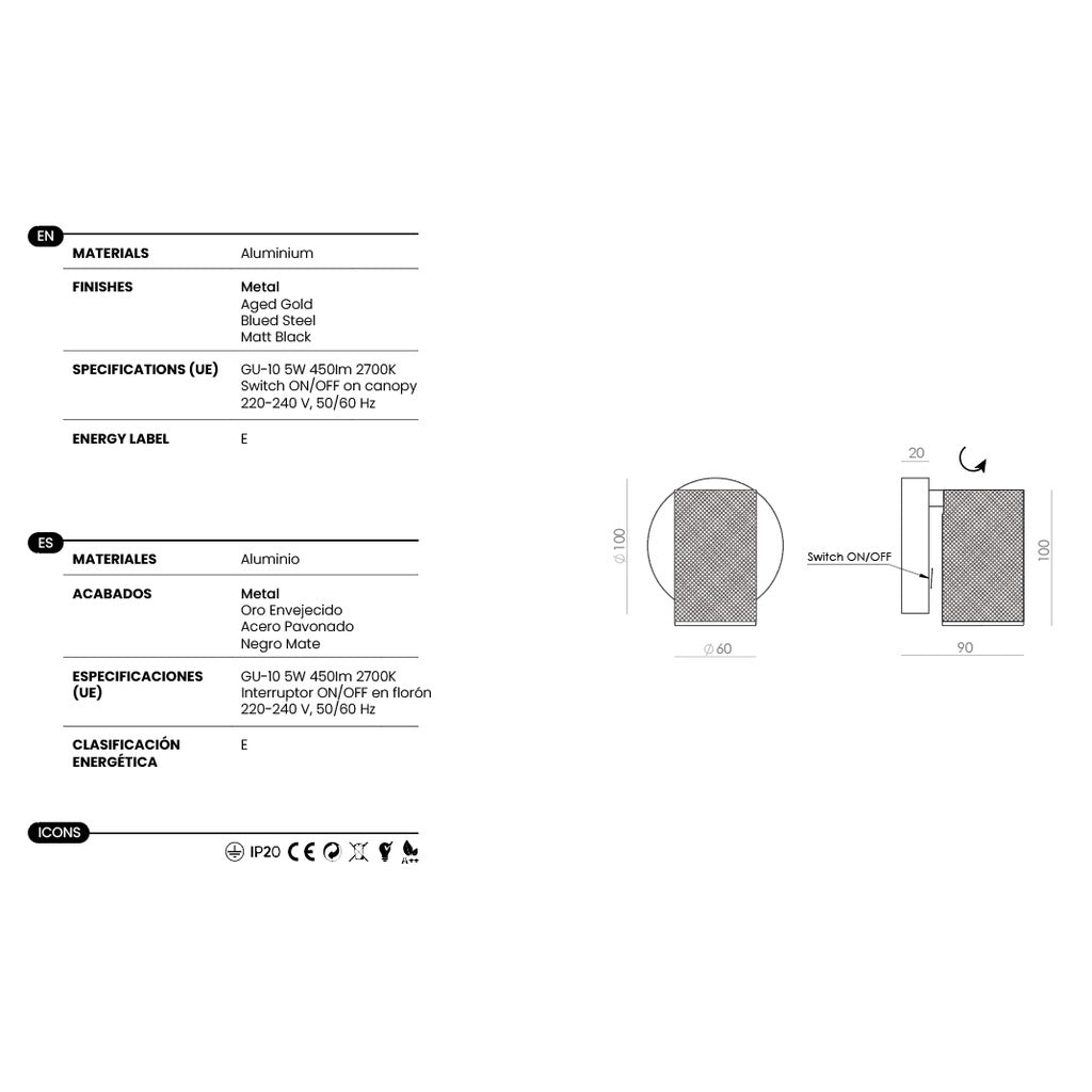 Latto Wall Lamp dimensions and technical details