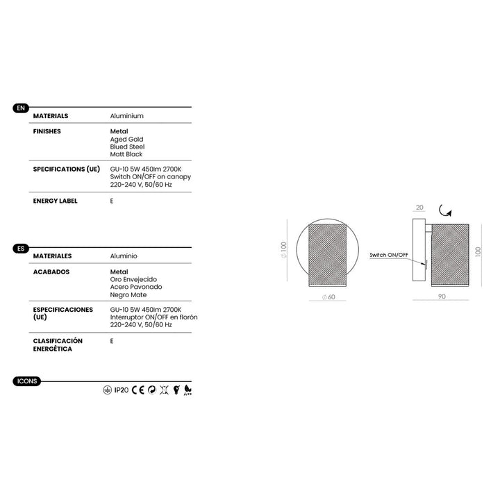Latto Wall Lamp dimensions and technical details