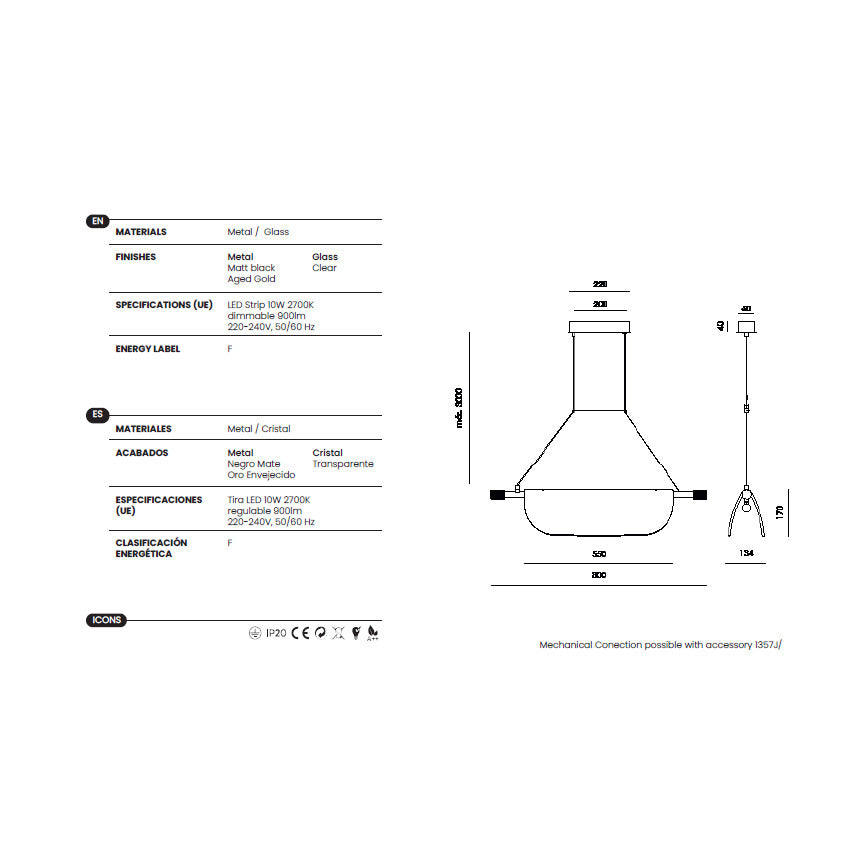 Lida Linear Pendant, Single size, dimensions and technical details