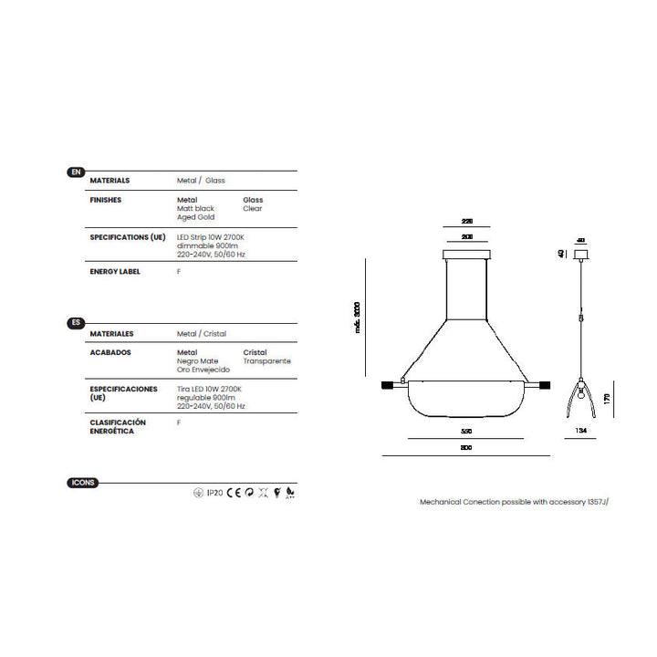 Lida Linear Pendant, Single size, dimensions and technical details