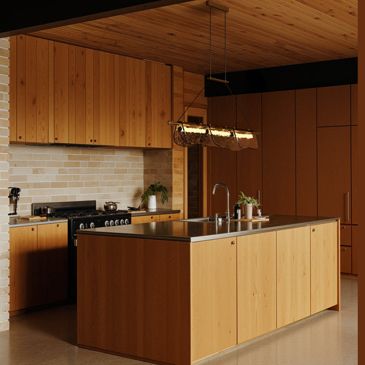 Linear pendant lit over a wood kitchen island with warm timber cabinets and ceiling