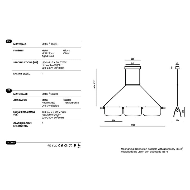 Lida Linear Pendant, Triple size, dimensions and technical details