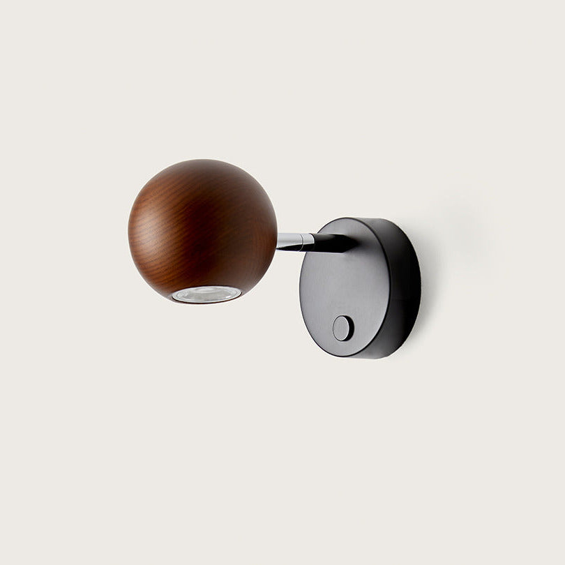 Lita Wall Lamp, walnut wood globe spotlight on a chrome swivel arm and matt black base, by Aromas del Campo