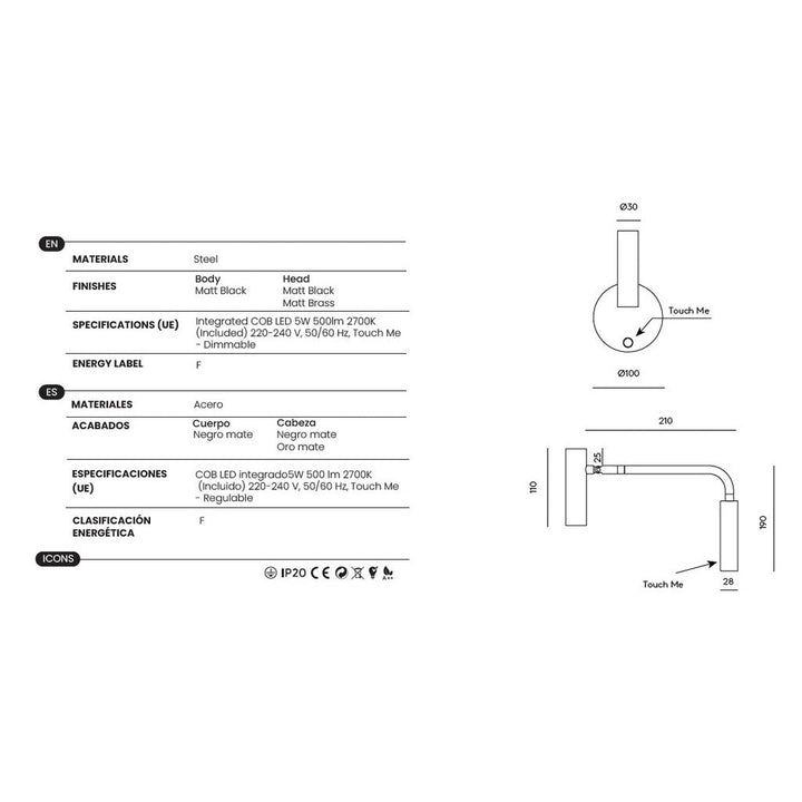 Maho Wall Lamp dimensions and technical details