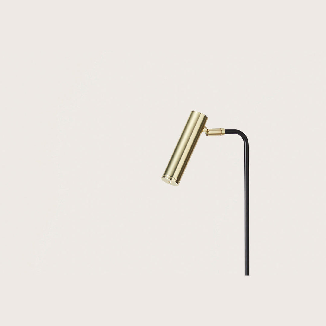 Close-up of the Maru Floor Lamp adjustable brass tube head and black arm