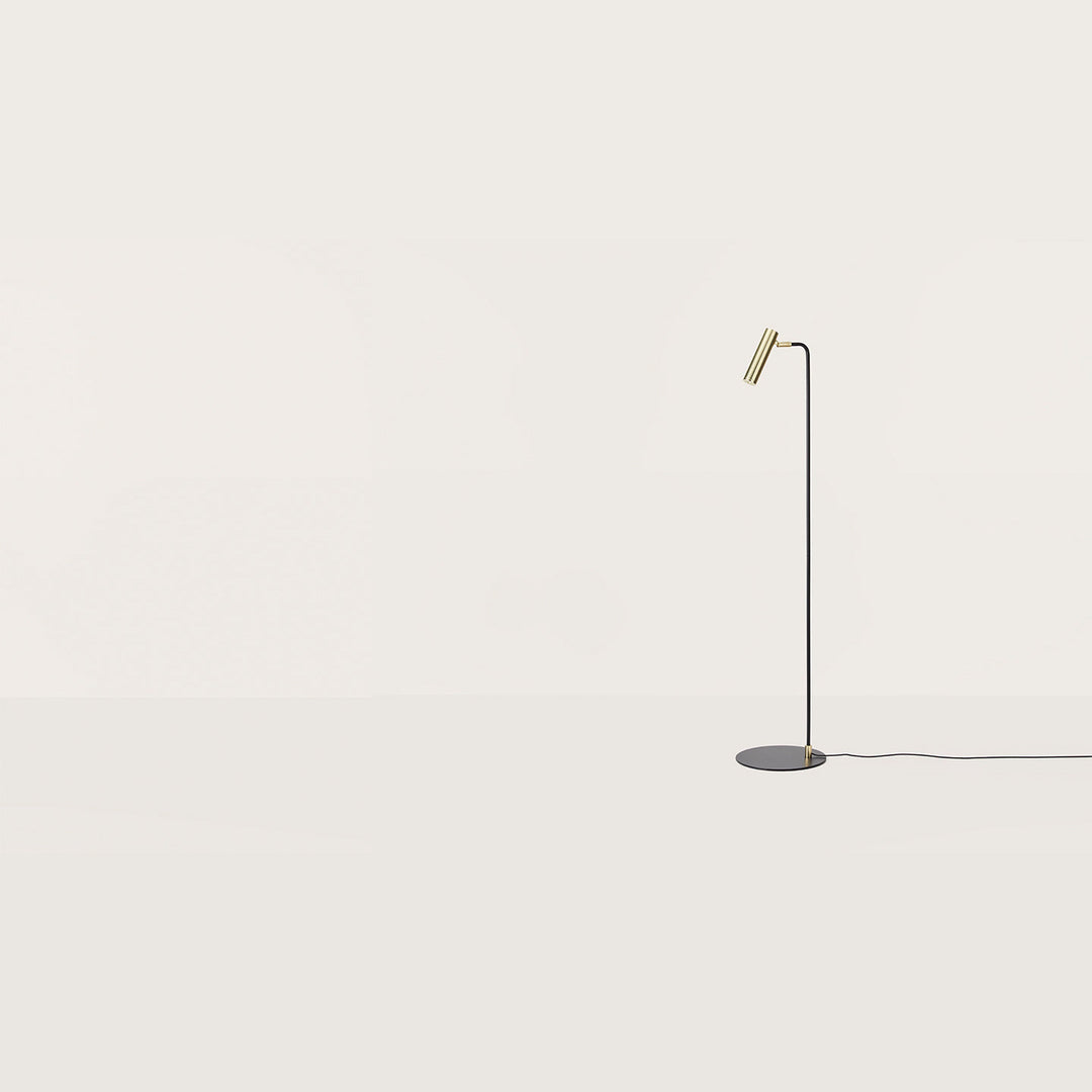 Maru Floor Lamp, thin black stem with an angled brass tube spotlight and round black base, by Aromas del Campo