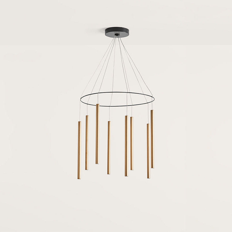 Mika Chandelier, eight slim bronze tubes hung from a black ring and canopy, by Aromas del Campo