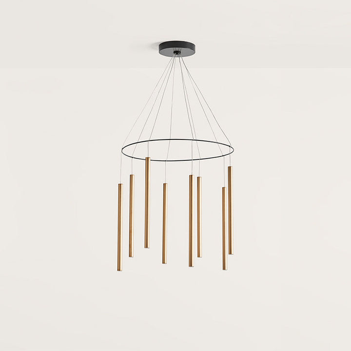 Mika Chandelier, eight slim bronze tubes hung from a black ring and canopy, by Aromas del Campo