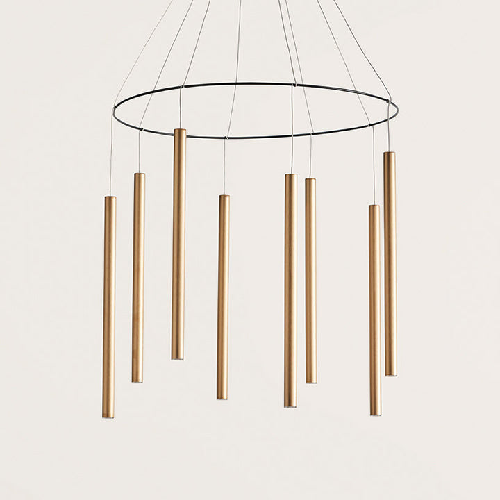 Mika Chandelier close-up of bronze tubes suspended from the black ring