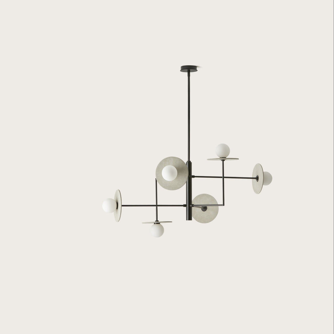 Miro Chandelier, black branching frame with six opal glass globes and pale discs, by Aromas del Campo