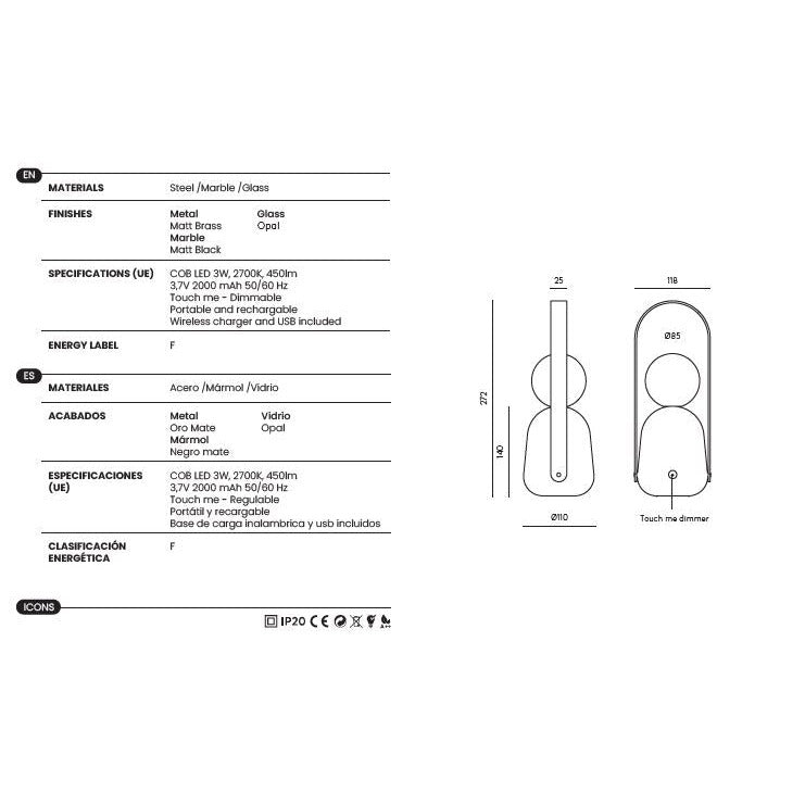 Nano Portable Table Lamp dimensions and technical details