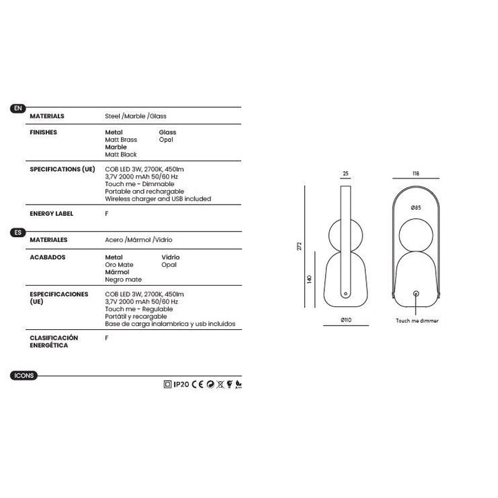 Nano Portable Table Lamp dimensions and technical details