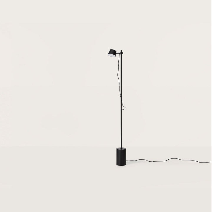 Nera Floor Lamp in matt black with slim pole, small drum head and cylinder base, unlit, by Aromas del Campo