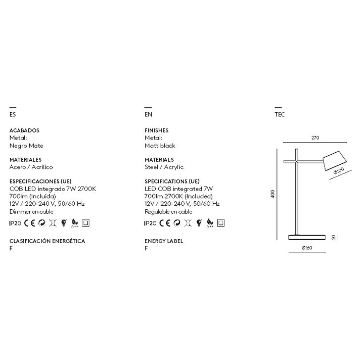 Nera Table Lamp dimensions and technical details