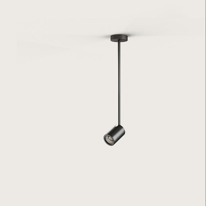Noon T Spot, ceiling-mounted rod with an angled cylinder spotlight in dark steel, by Aromas del Campo