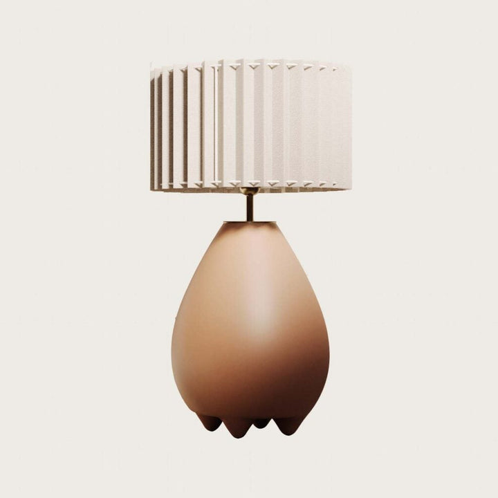 Obrie Table Lamp with teardrop terracotta ceramic base and pleated cream fabric shade, unlit, by Aromas del Campo