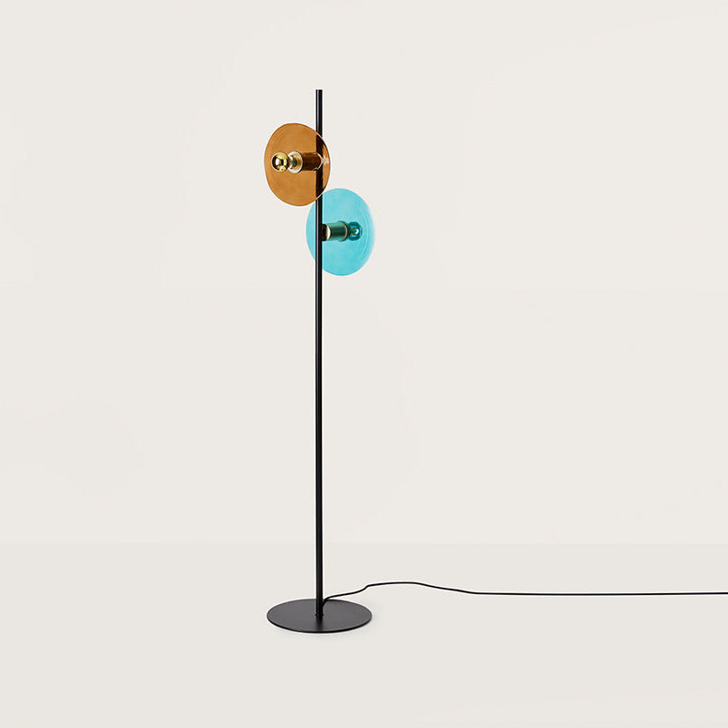 Ohlala Floor Lamp, slim matt black stem with amber and turquoise glass discs and round base, by Aromas del Campo