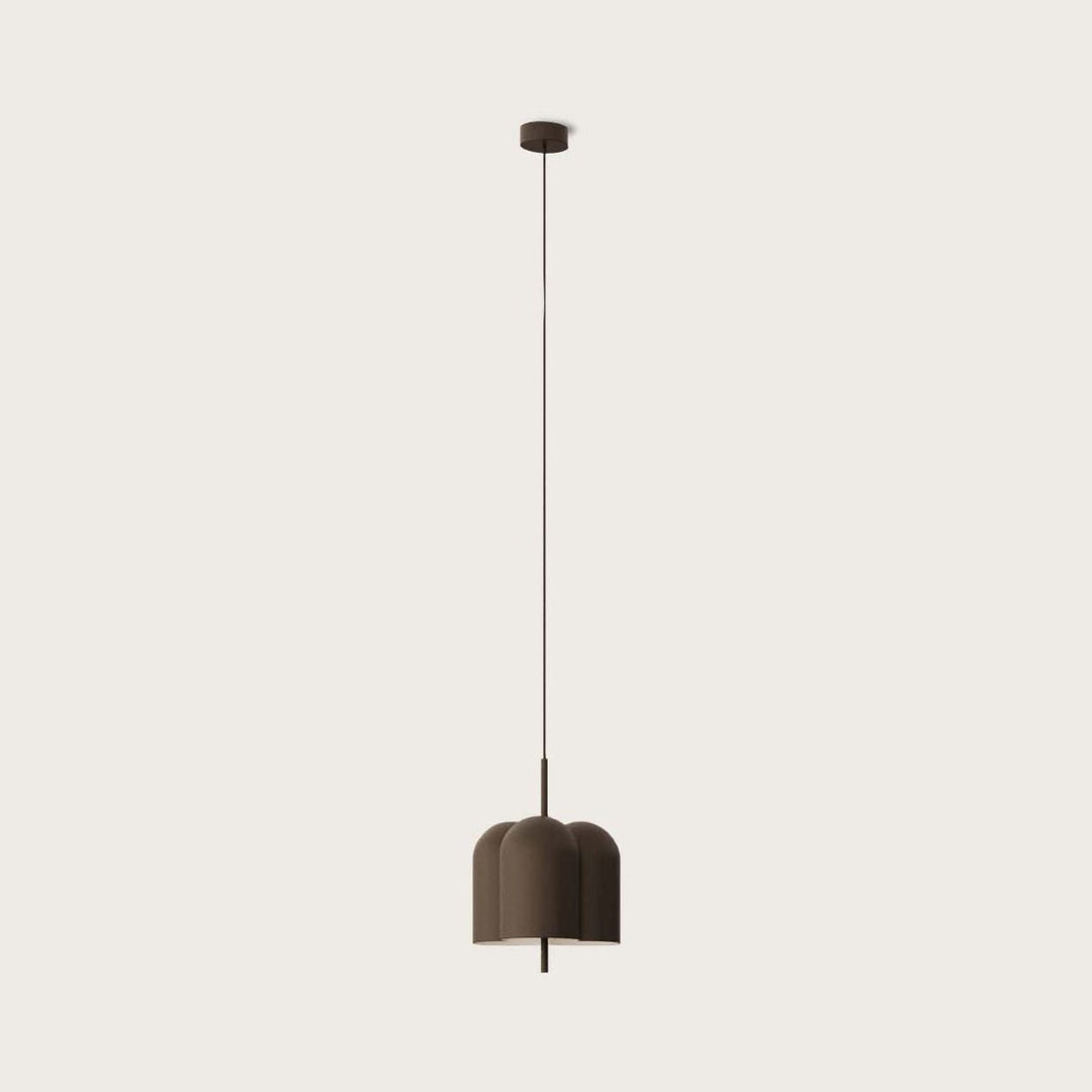 Oket Pendant Lamp, scalloped bell-shaped metal shade in a dark finish on a long cord, by Aromas del Campo