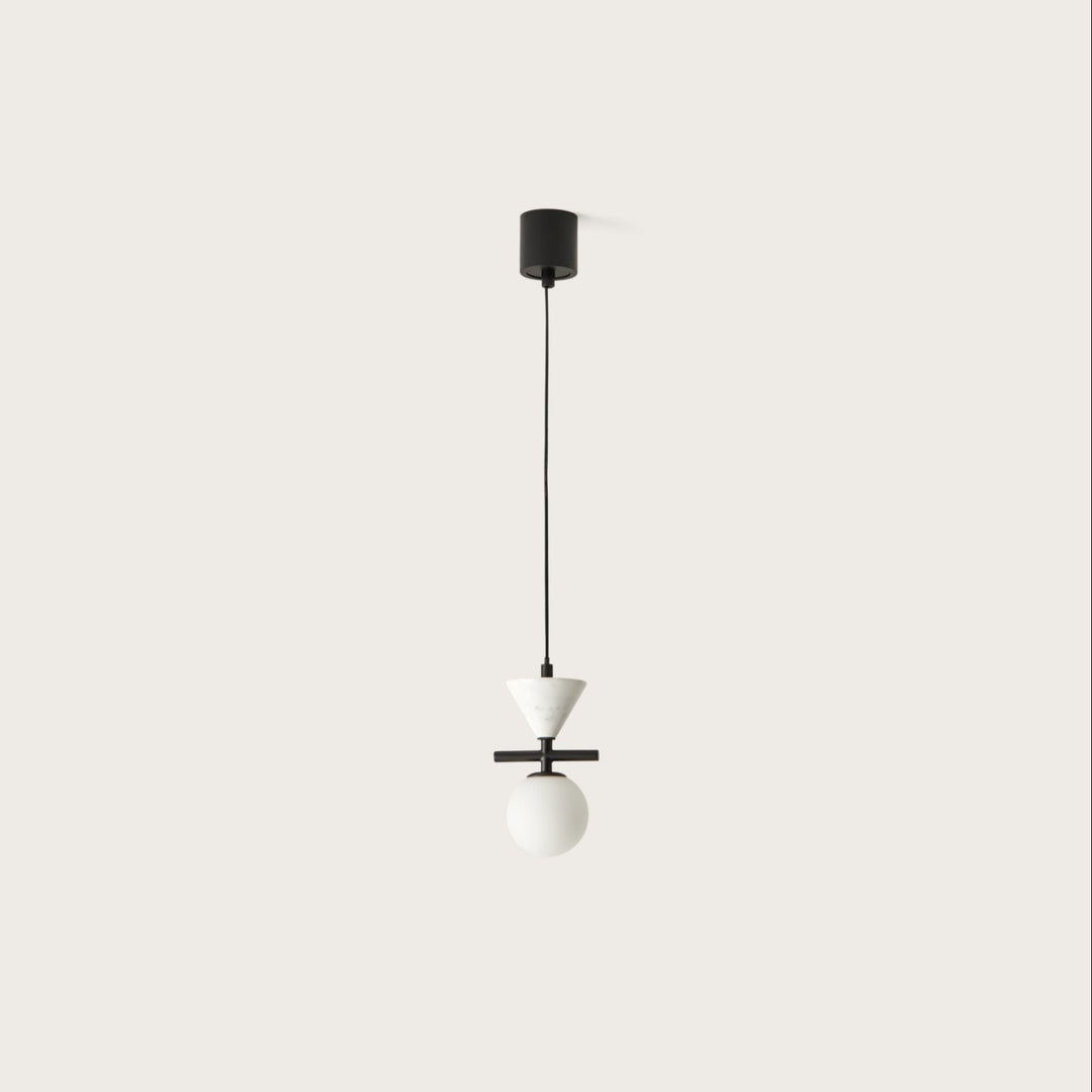 Oneta Pendant Lamp, marble cone, crossbar and opal glass globe on a black cord, by Aromas del Campo