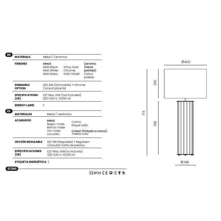 Onica Table Lamp dimensions and technical details