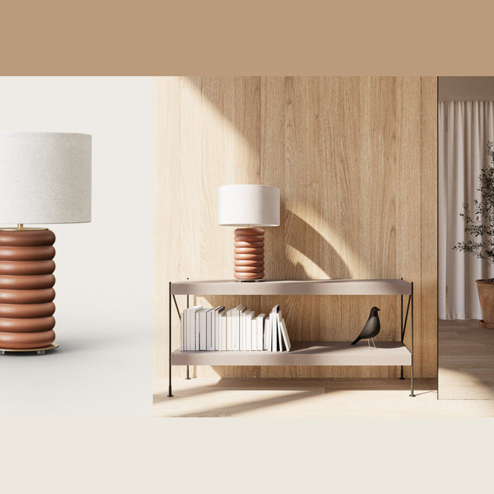 Onut Table Lamp, Double, in terracotta beside a taller version in a sunlit room with a console shelf