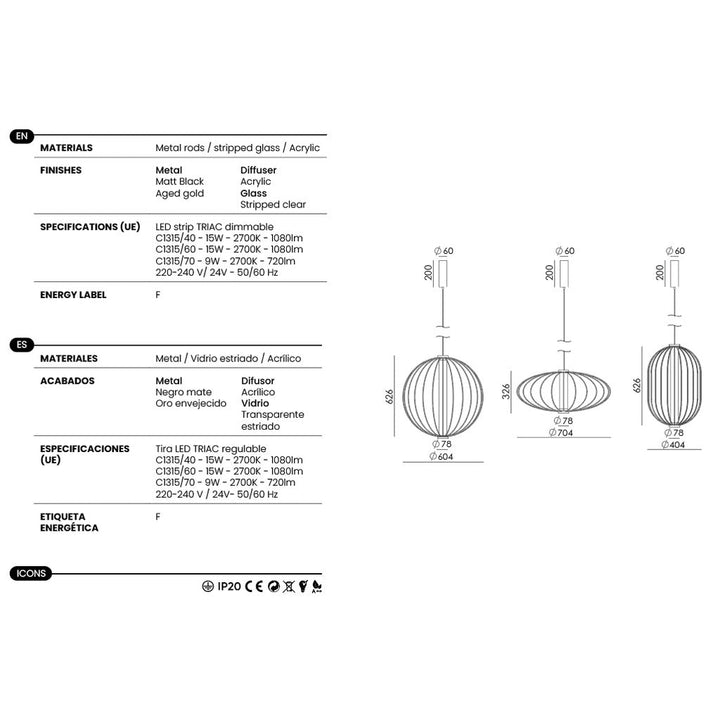Pepo Pendant Lamp, Medium (Ø23.8 in), dimensions and technical details