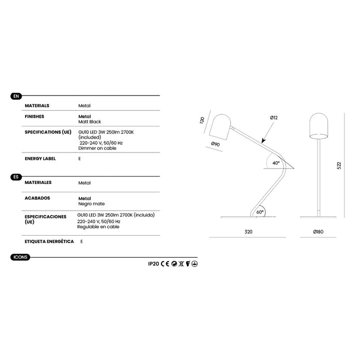 Pipe Table Lamp dimensions and technical details