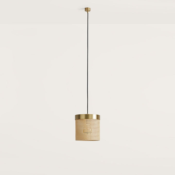 Ptan Pendant Lamp, natural woven rattan drum shade with matt brass top band and canopy, by Aromas del Campo