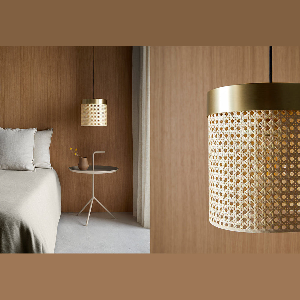 Ptan Pendant Lamp hanging over a bedside table against oak panelling, with a close-up of its cane shade