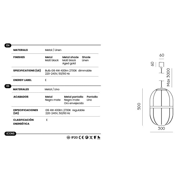 Pull Large Pendant Lamp dimensions and technical details