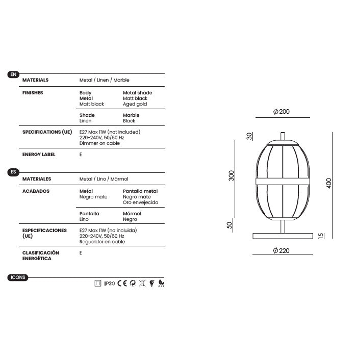 Pull Table Lamp dimensions and technical details
