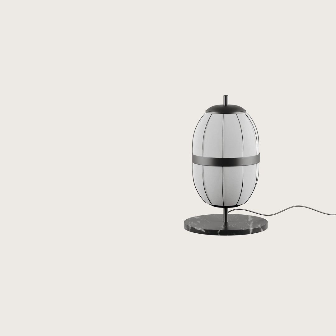 Pull Table Lamp, white linen lantern shade with black metal ribs and band on a black marble base, by Aromas del Campo