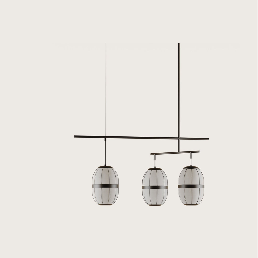 Pull Triple Pendant Lamp, three white linen lantern shades with black bands on a black bar frame, by Aromas del Campo