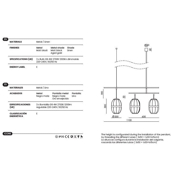 Pull Triple Pendant Lamp dimensions and technical details