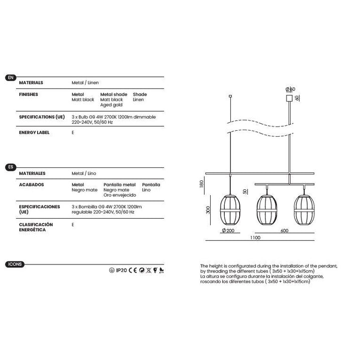 Pull Triple Pendant Lamp dimensions and technical details