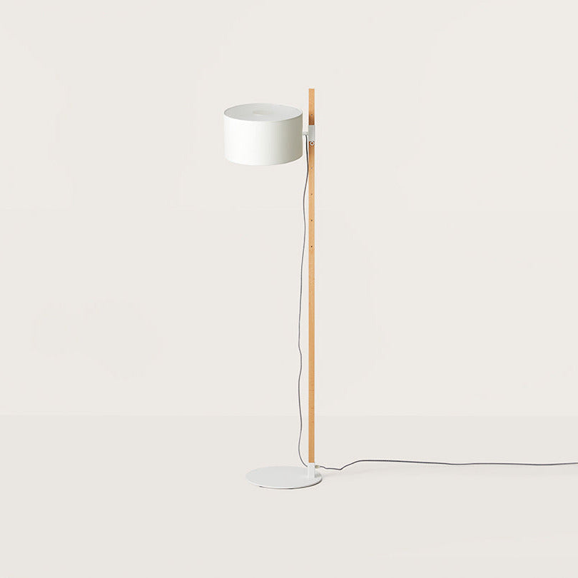 Riu Floor Lamp, white drum shade on a beech wood upright with matt white round base, by Aromas del Campo