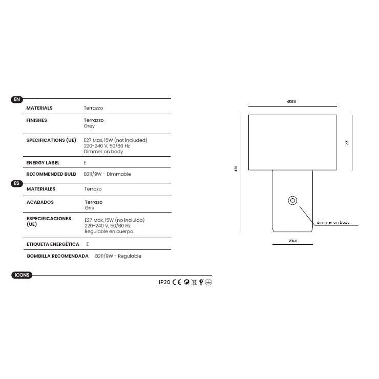 Sand Table Lamp dimensions and technical details