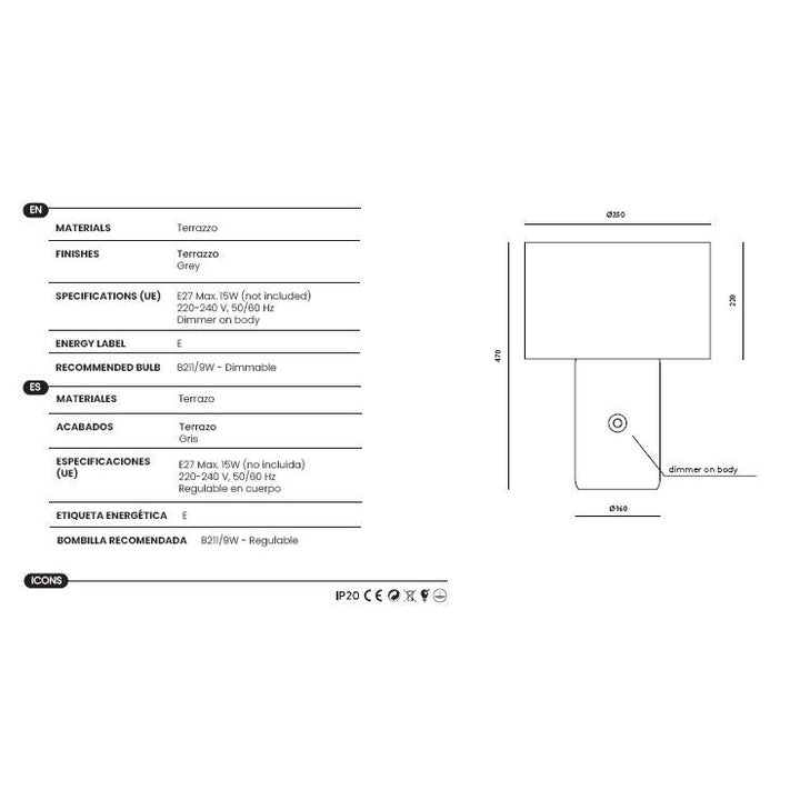 Sand Table Lamp dimensions and technical details